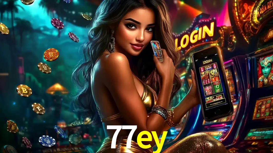 Mulher em um cenário de cassino temático de aventura, mostrando o app de caça-níqueis da 77ey no celular. Fichas de apostas flutuam ao redor.