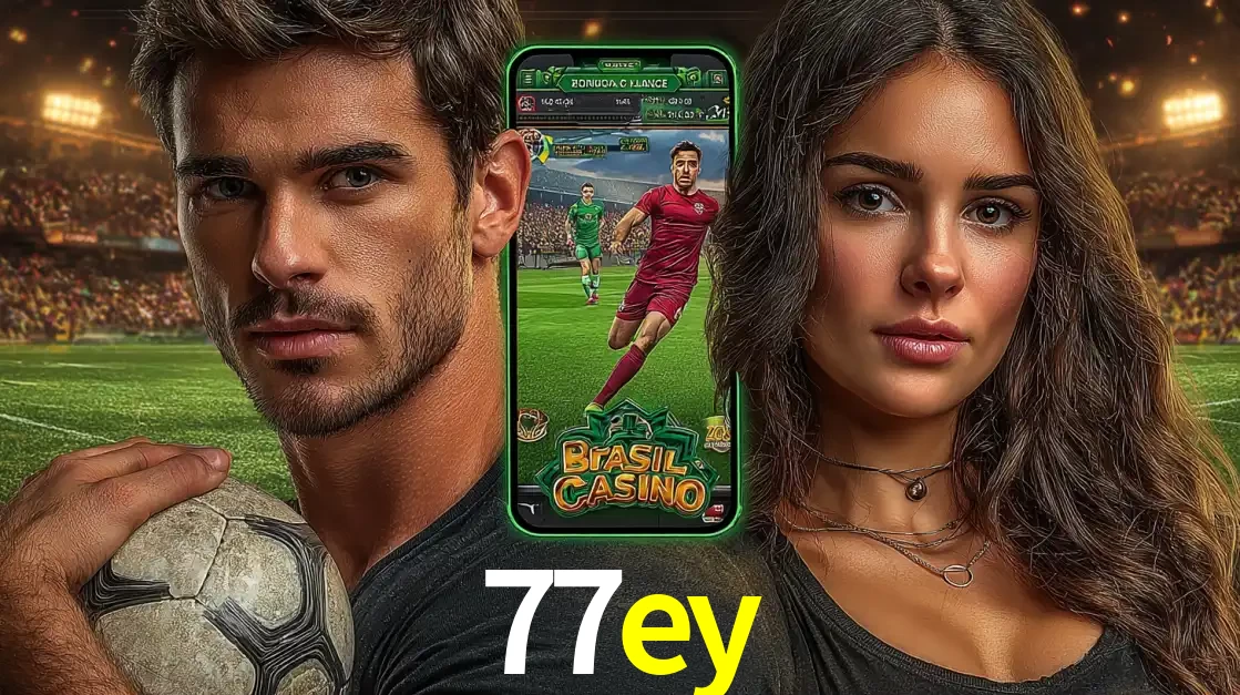 Homem segurando uma bola de futebol e uma mulher ao lado de um smartphone exibindo o jogo de apostas esportivas da 77ey. Faça seu palpite no cassino online.